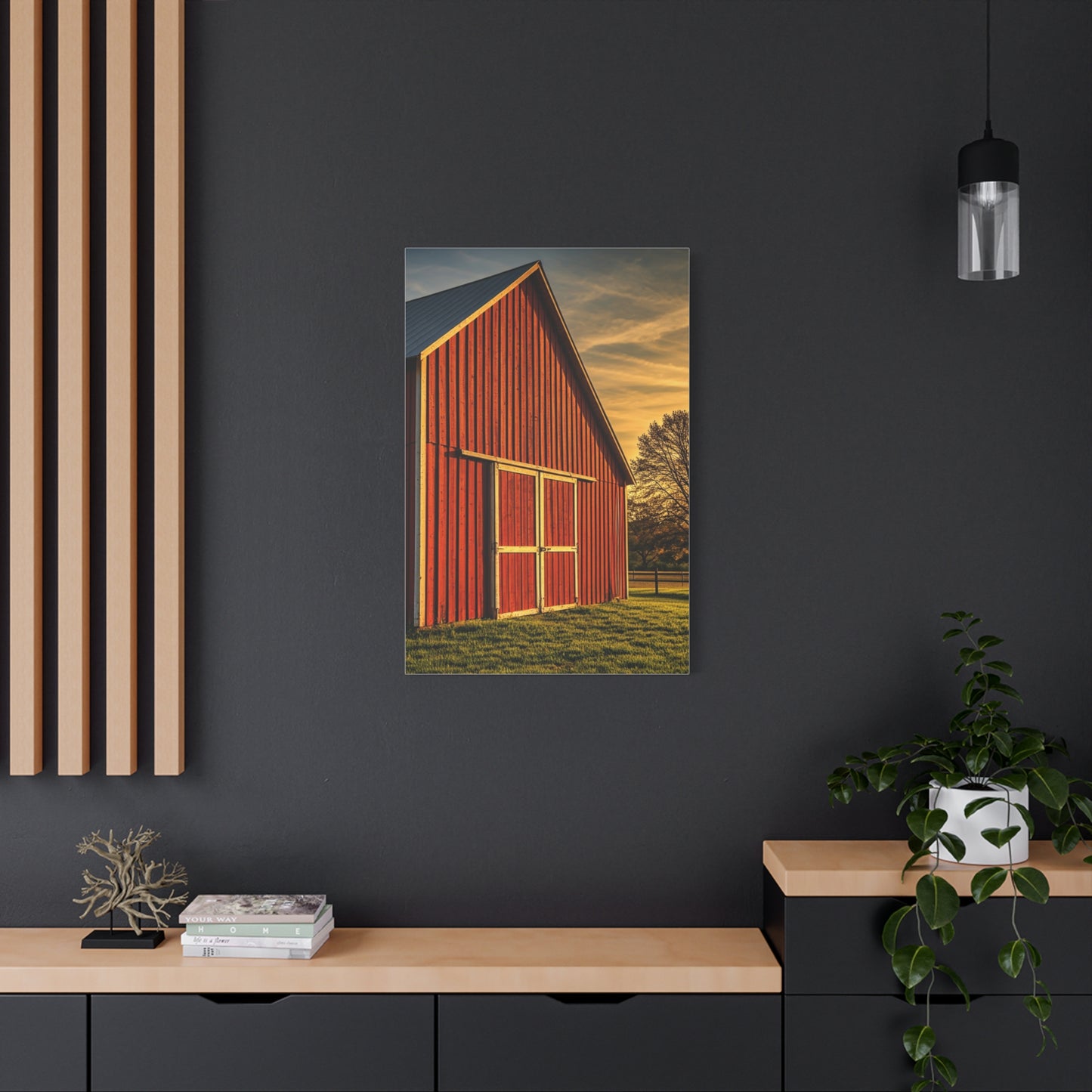 Red Barn in Golden Countryside Wall Art & Canvas Prints