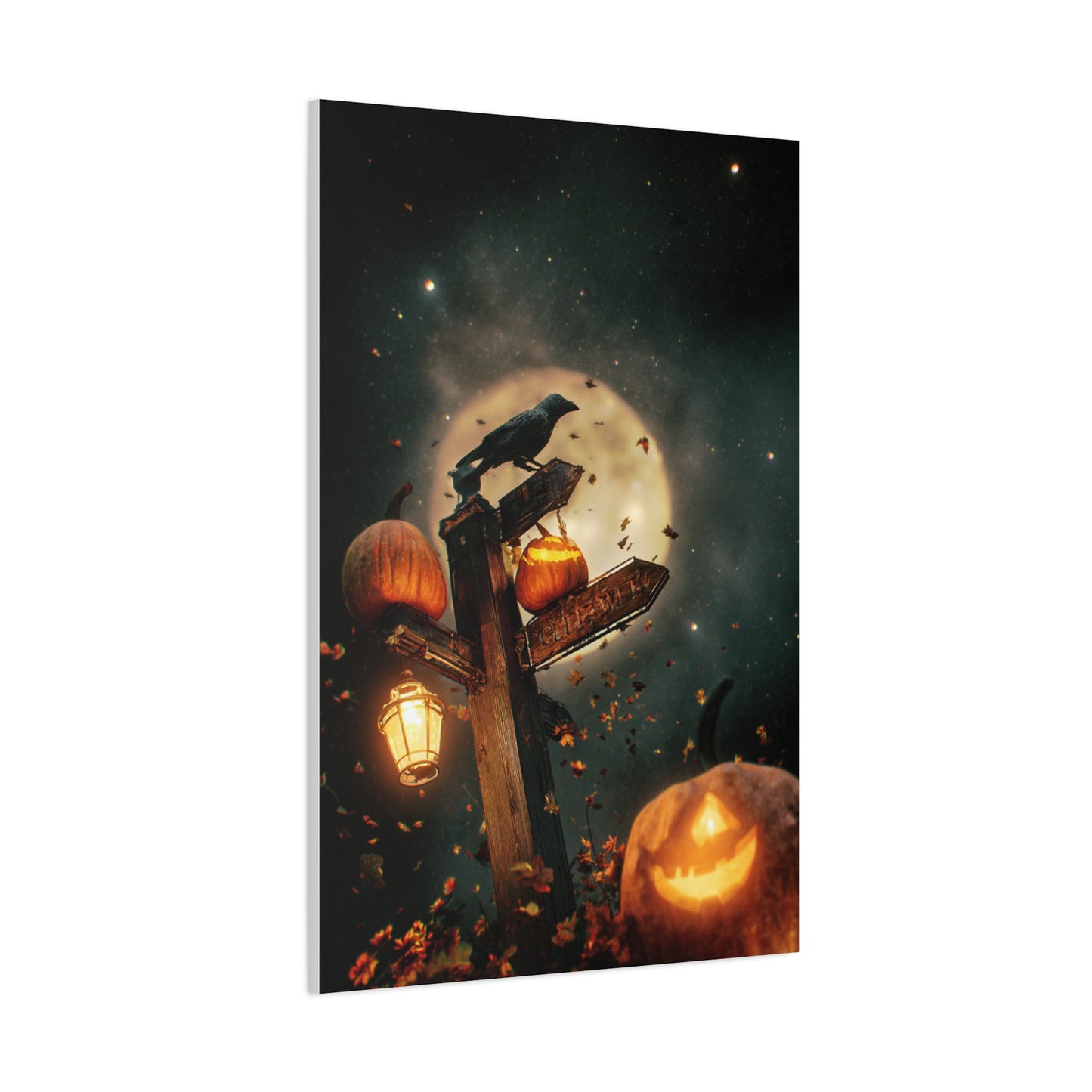 Crow on Pumpkin Signpost Under the Full Moon Wall Art & Canvas Print