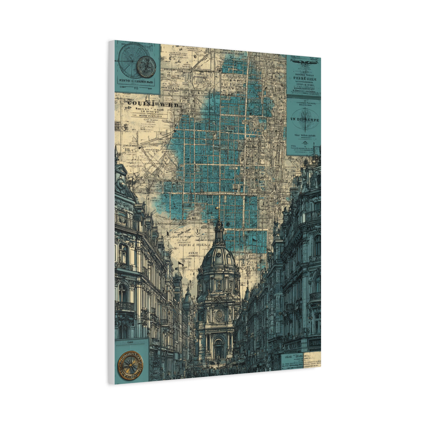 Vintage City Map Architectural Collage Wall Art & Canvas Print