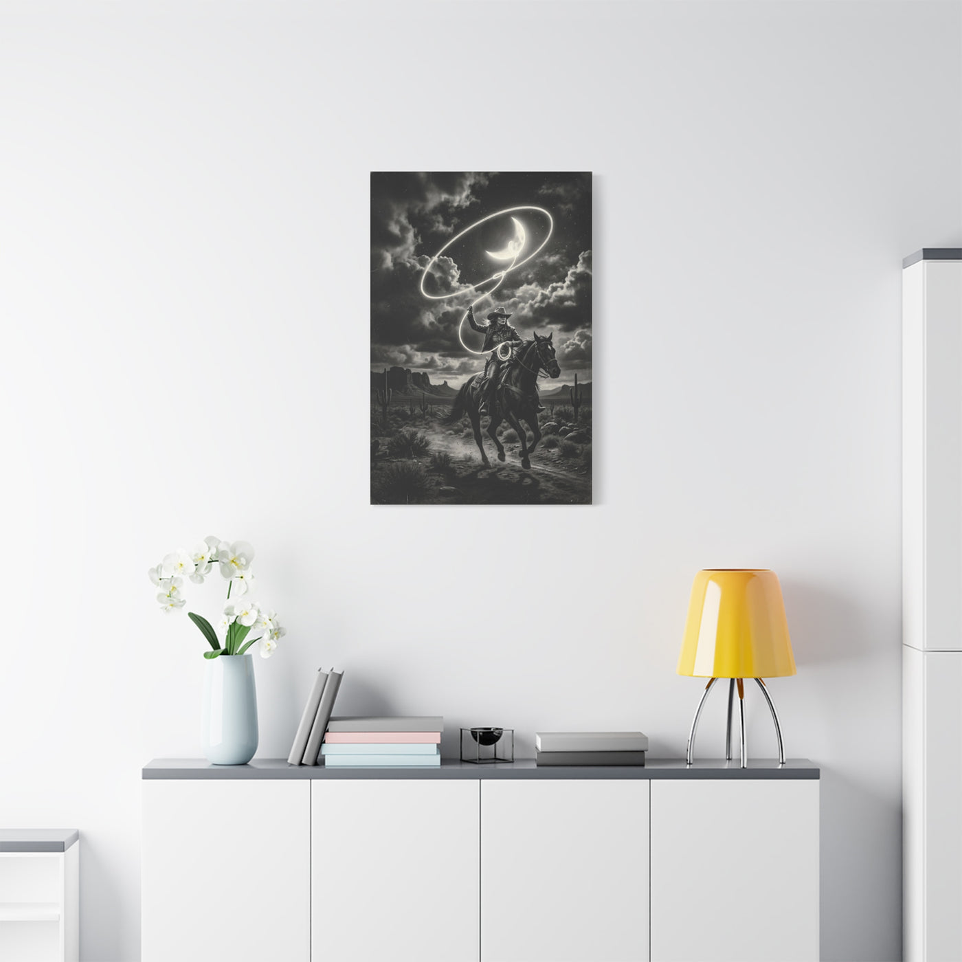 Moon Lasso Cowgirl Night Scene Wall Art & Canvas Print