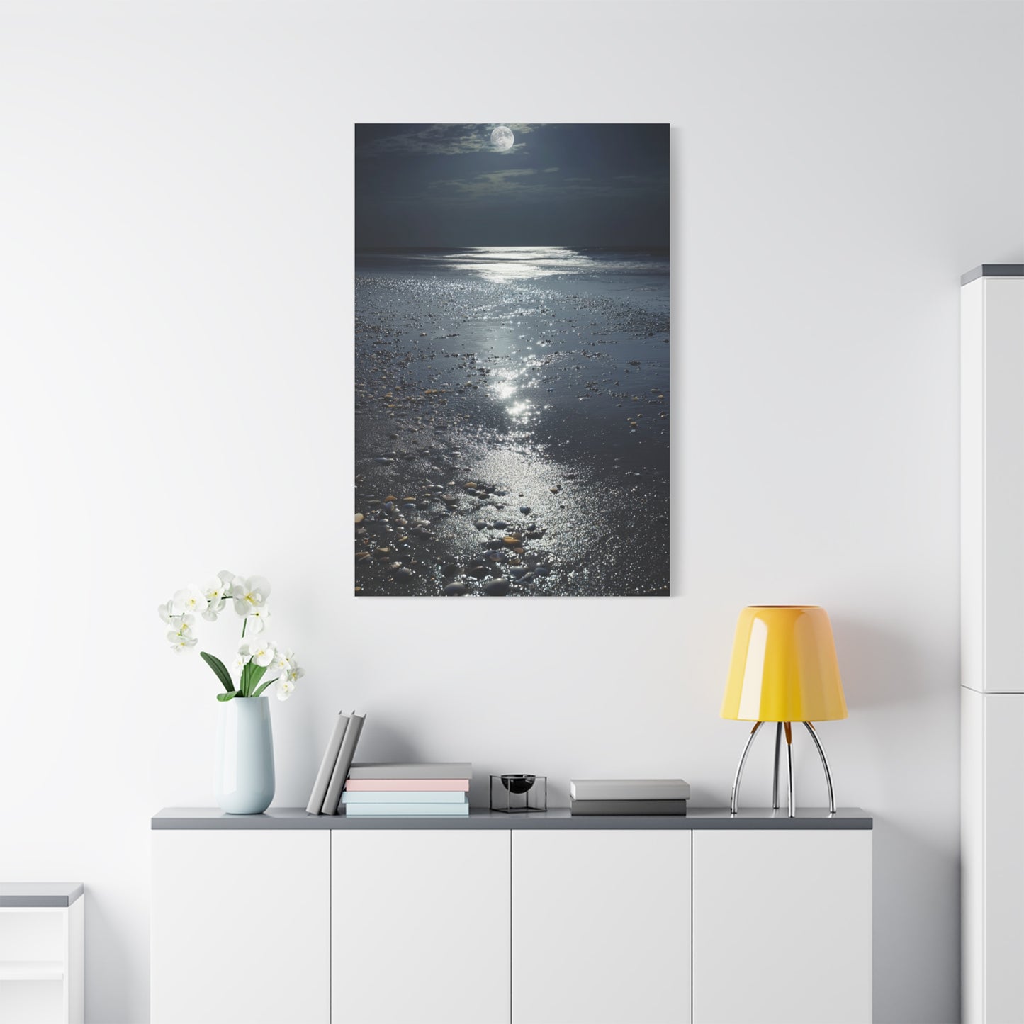 Moonlit Beach Reflections with Scattered Seashells Wall Art & Canvas Print