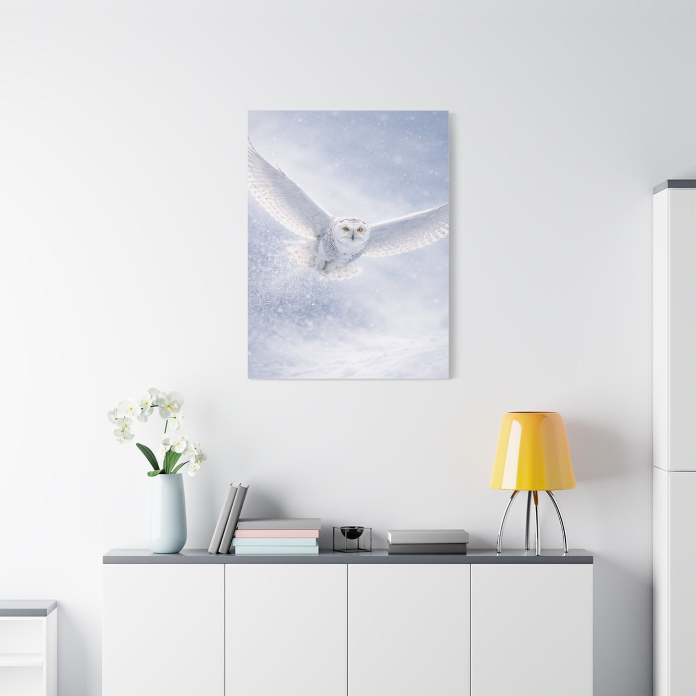 Snowy Owl Winter Flight Minimal Wall Art & Canvas Print