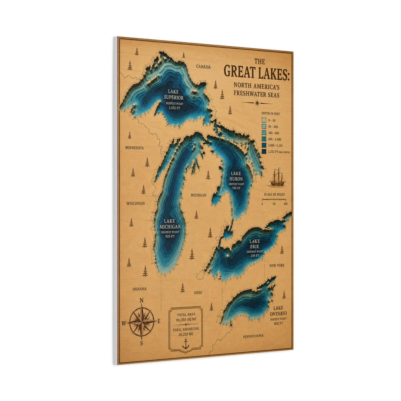 Great Lakes Bathymetric Chart Wall Art & Canvas Print