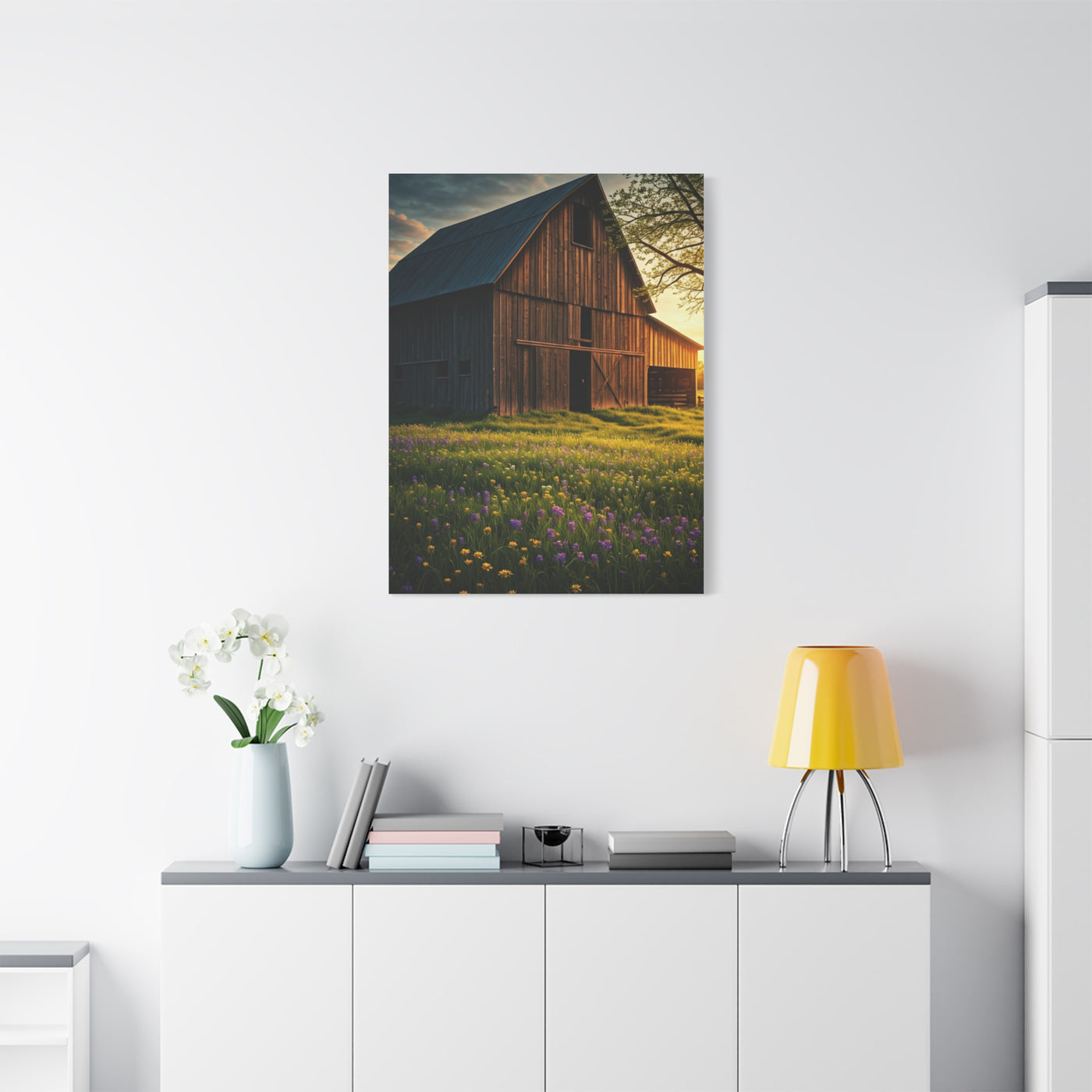 Wildflower Meadow Barn at Sunrise Wall Art & Canvas Prints