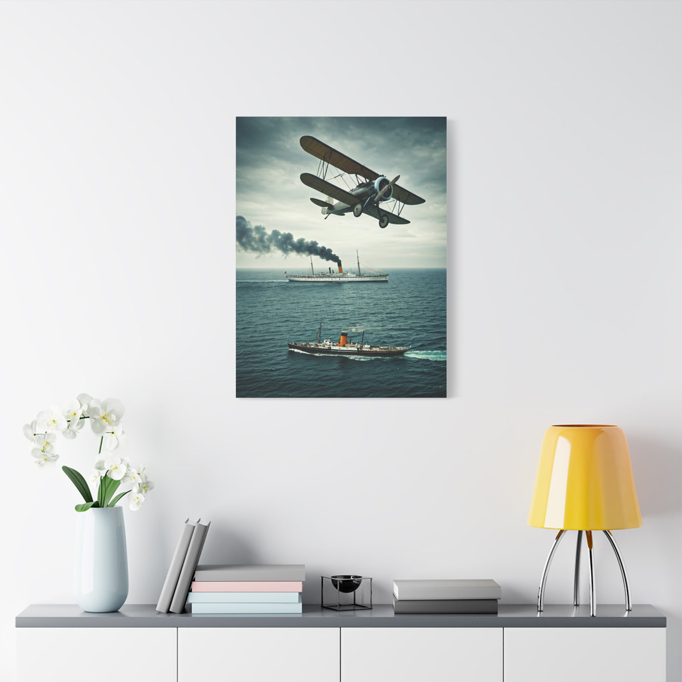 Vintage Biplane Over Open Sea Wall Art & Canvas Prints