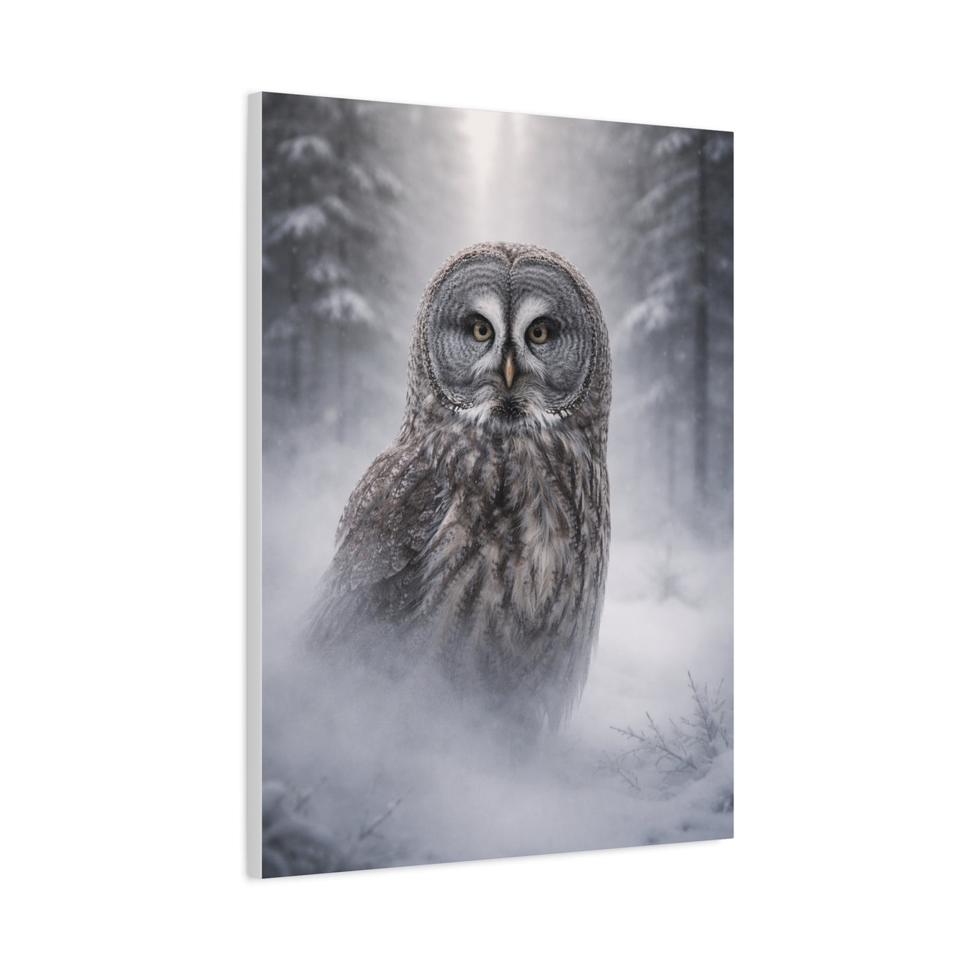 Great Grey Owl Winter Mist Portrait Wall Art & Canvas Print