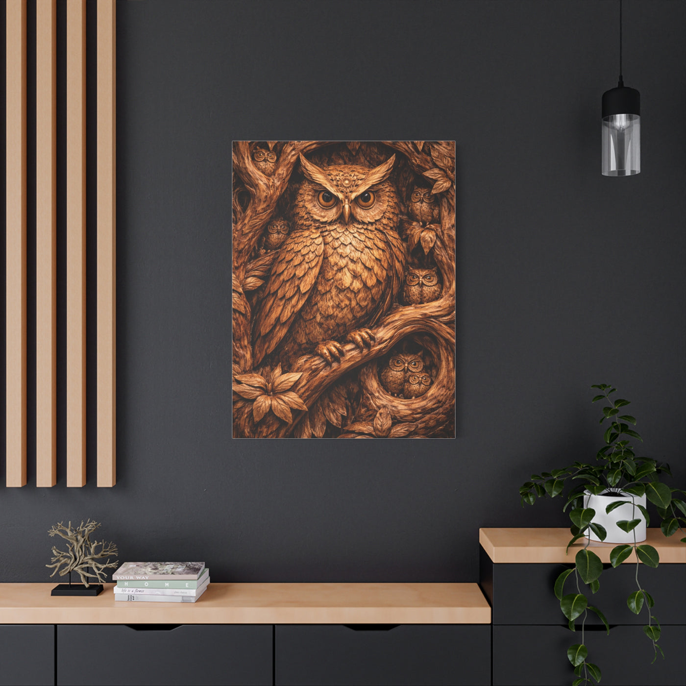 Hand-Carved Owl Family Wood Relief Wall Art & Canvas Print