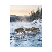 Winter River Wolf Pack Crossing Scene Wall Art & Canvas Print