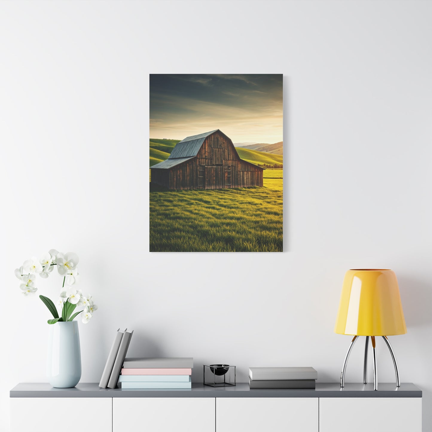 Sunlit Meadow Barn Landscape Wall Art & Canvas Prints