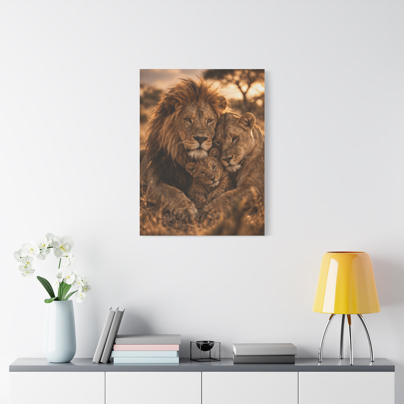 Lion Family Embrace Golden Bond Wall Art & Canvas Print