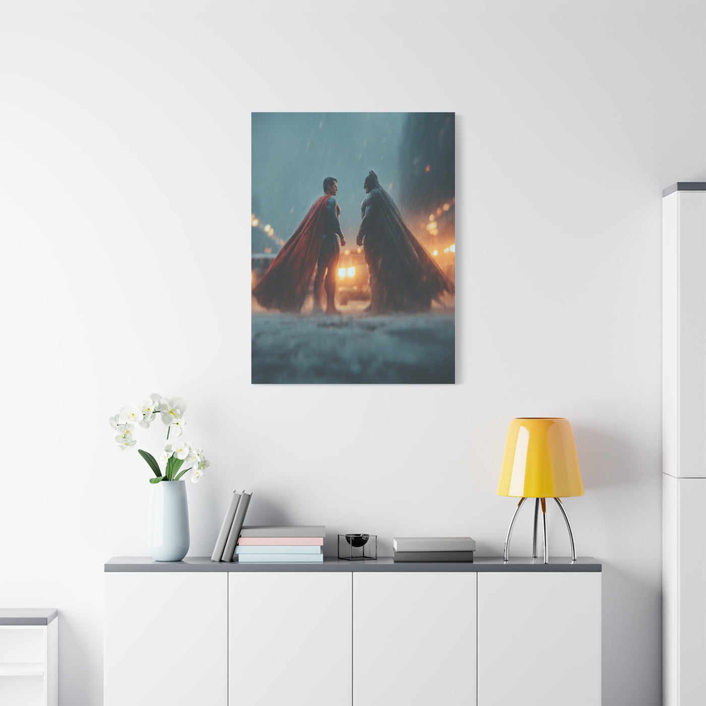 Batman vs Superman Rainy Gotham Clash Poster Wall Art & Canvas Print