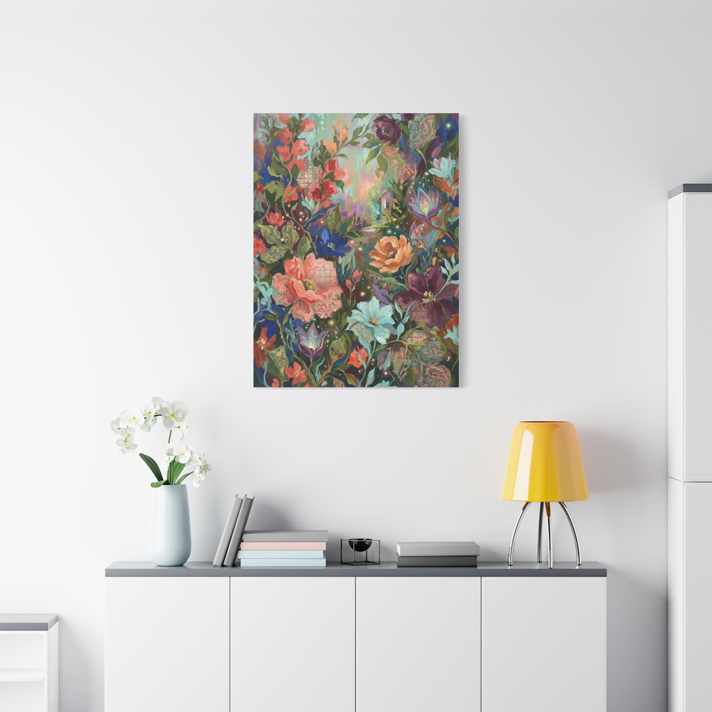 Enchanted Floral Garden & Fireflies Wall Art & Canvas Print