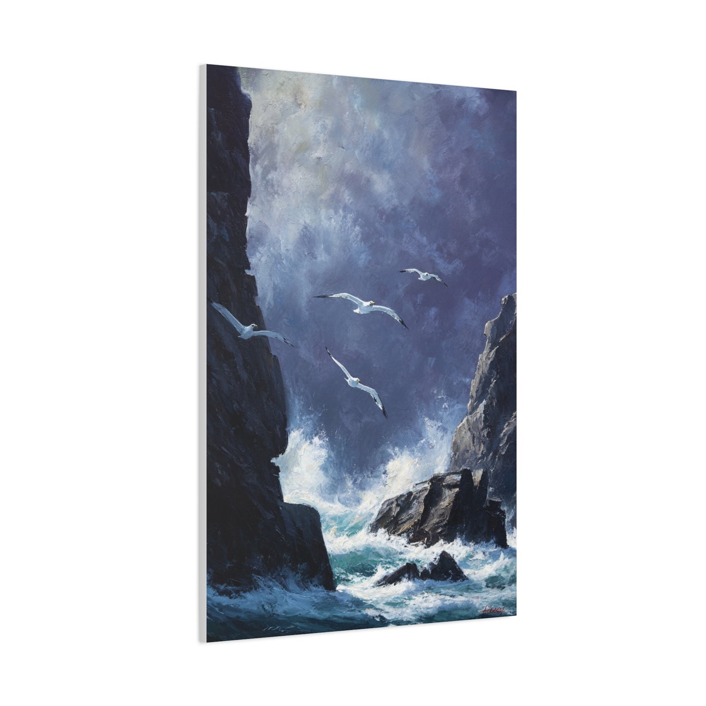 Seagulls Flying Above Crashing Coastal Waves Wall Art & Canvas Print