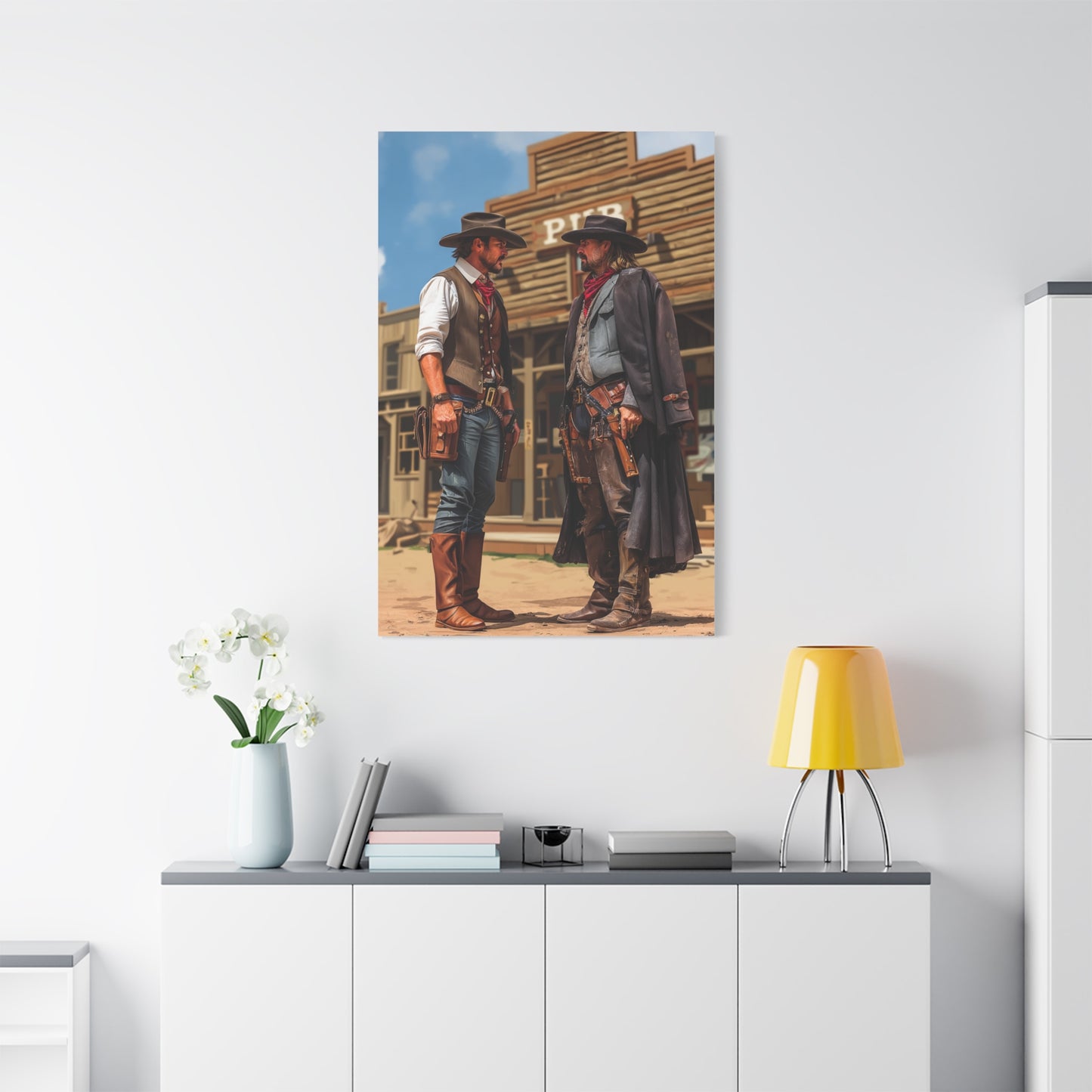 Rival Cowboys Facing Off Outside the Saloon Wall Art & Canvas Print