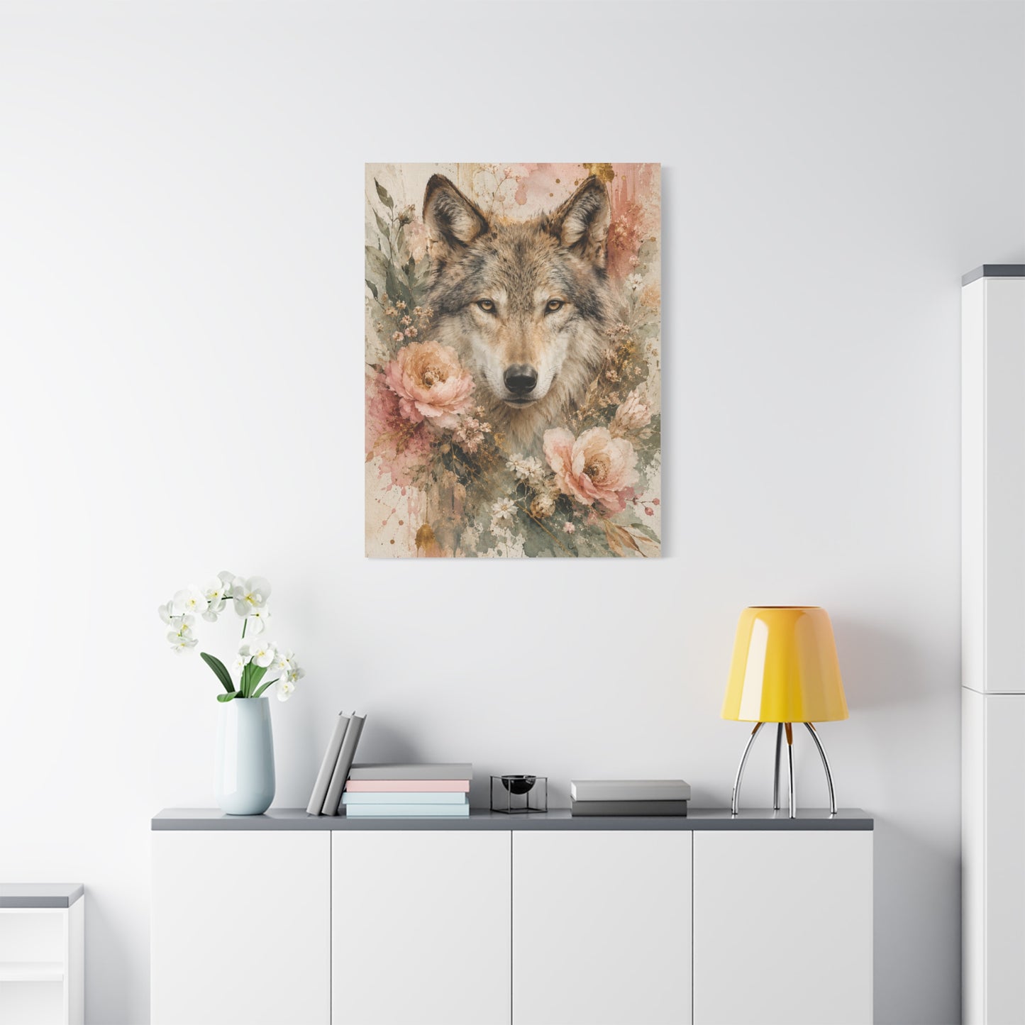 Boho Floral Wolf Portrait Blush Composition Wall Art & Canvas Print