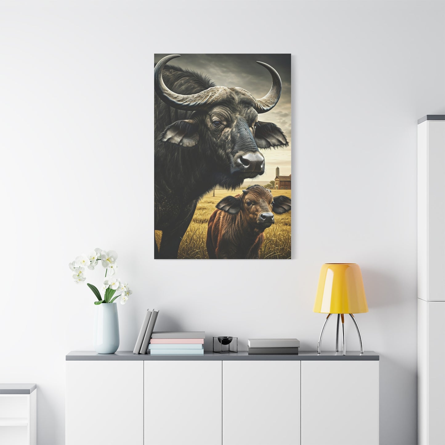 Cape Buffalo Herd Leader with Savannah Background Wall Art & Canvas Print